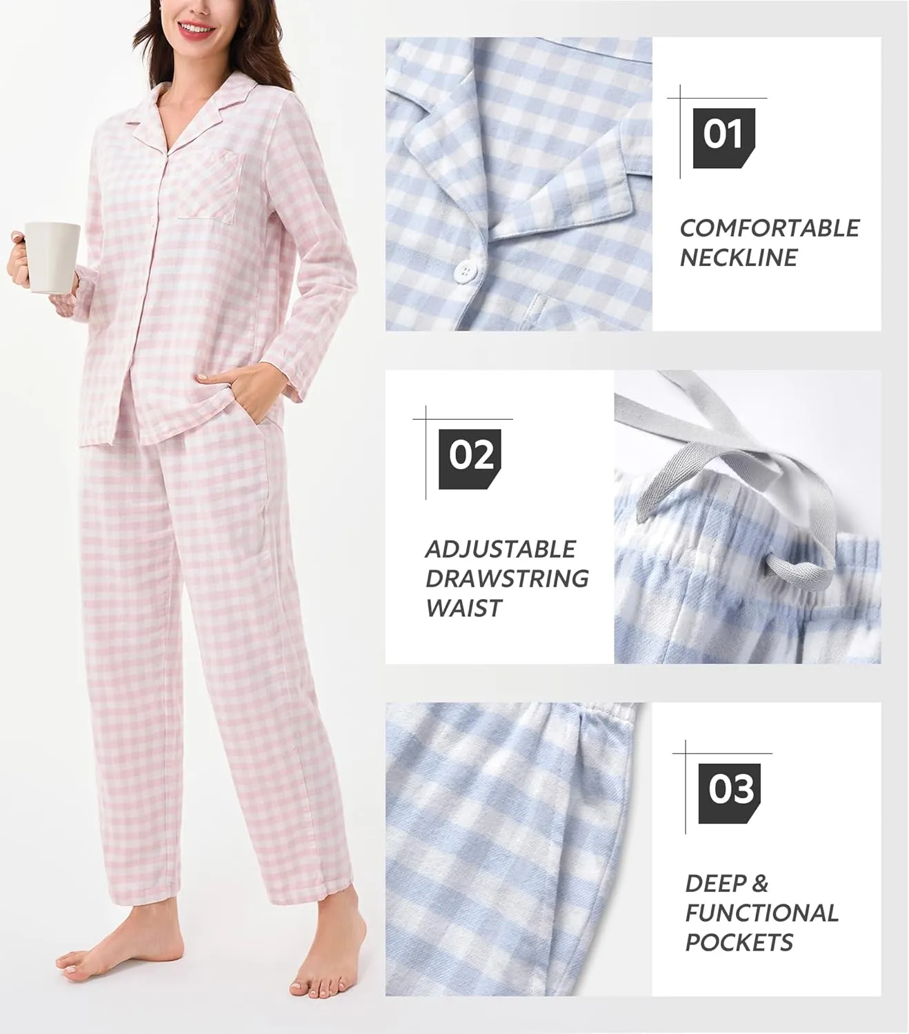 DAVID ARCHY 100% Cotton Pajamas for Women Soft 2 Piece Plaid PJS Sleepwear Loungewear Sets for Women Button Long Sleeve