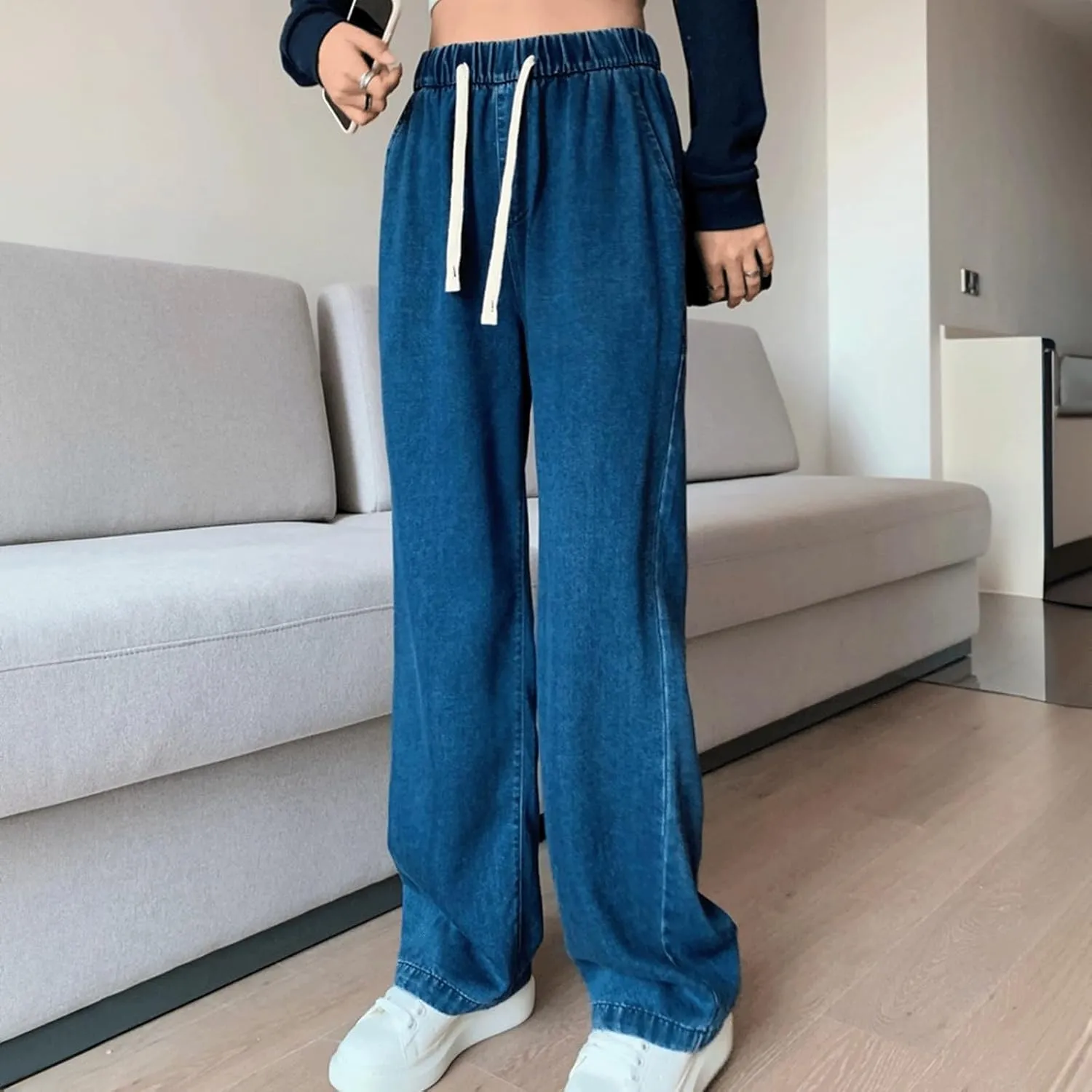 Denim Sweatpants Women Loose Fit Wide Leg Stretch Sweatpant Lightweight Full Length Joggers Boyfriend Sweat Jeans