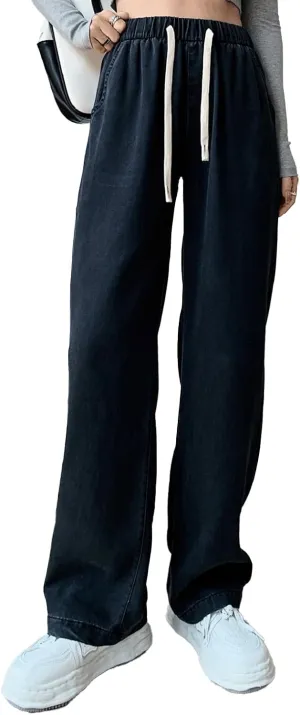 Denim Sweatpants Women Loose Fit Wide Leg Stretch Sweatpant Lightweight Full Length Joggers Boyfriend Sweat Jeans