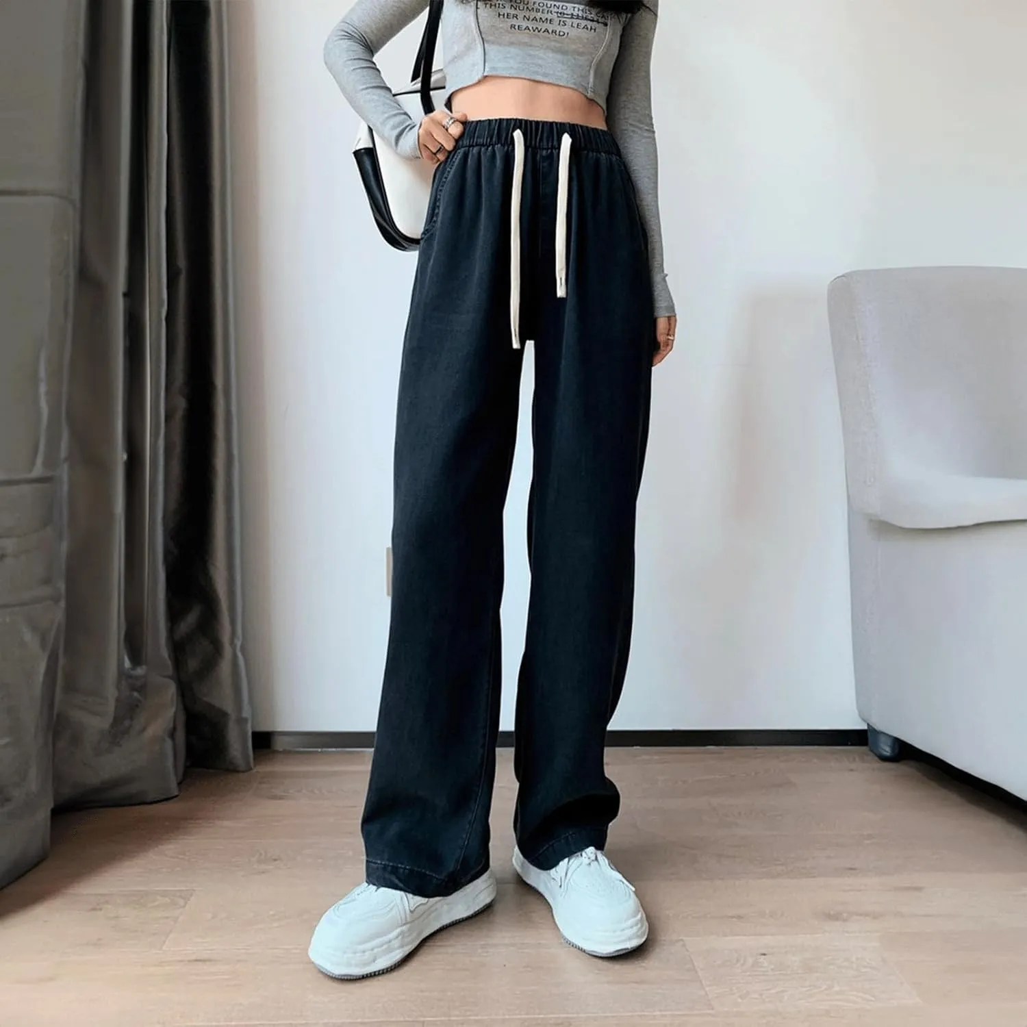 Denim Sweatpants Women Loose Fit Wide Leg Stretch Sweatpant Lightweight Full Length Joggers Boyfriend Sweat Jeans