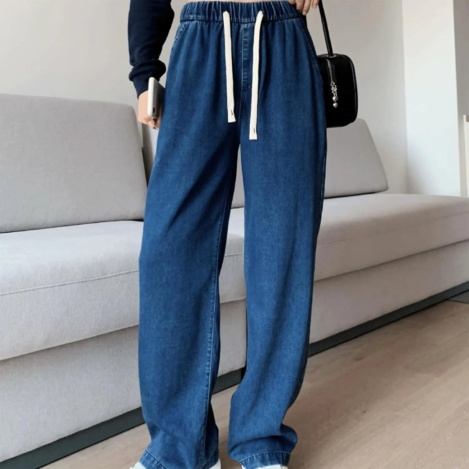 Denim Sweatpants Women Loose Fit Wide Leg Stretch Sweatpant Lightweight Full Length Joggers Boyfriend Sweat Jeans