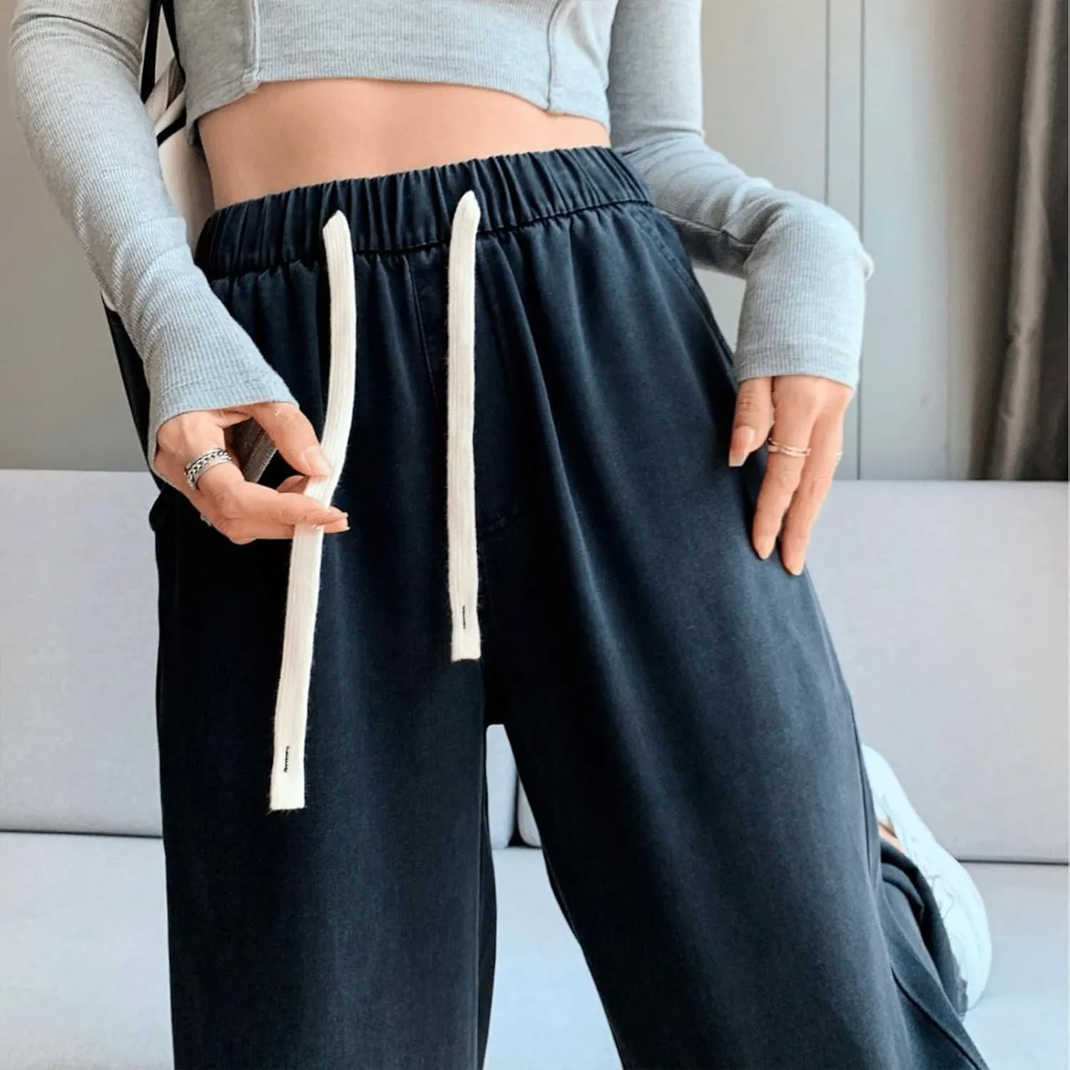 Denim Sweatpants Women Loose Fit Wide Leg Stretch Sweatpant Lightweight Full Length Joggers Boyfriend Sweat Jeans