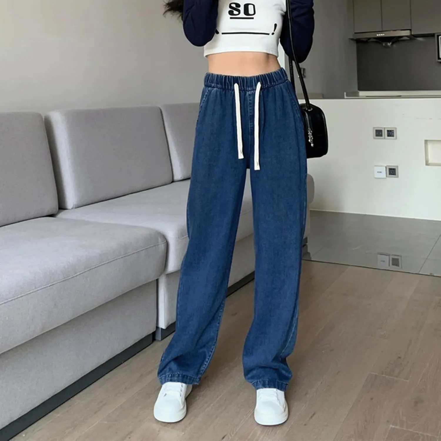 Denim Sweatpants Women Loose Fit Wide Leg Stretch Sweatpant Lightweight Full Length Joggers Boyfriend Sweat Jeans