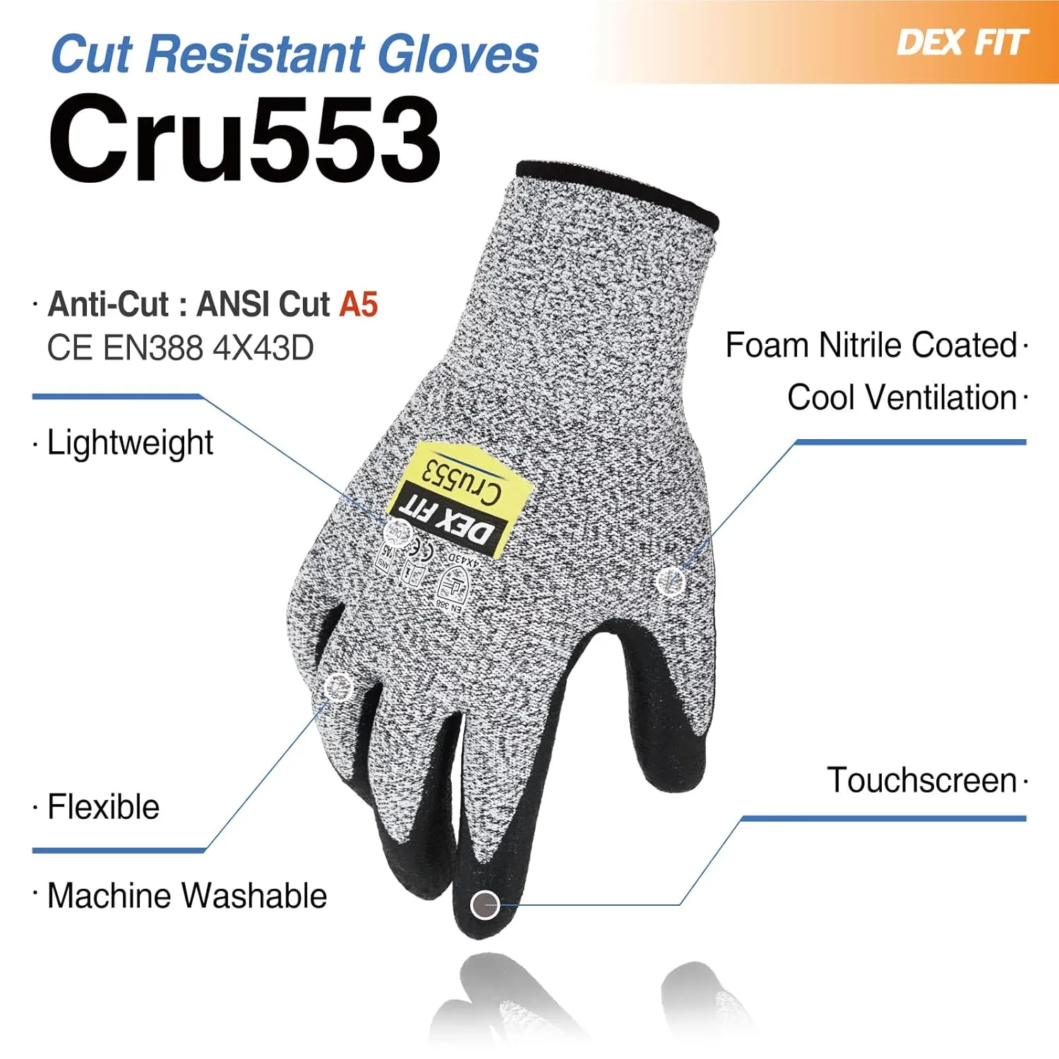 DEX FIT Level 5 Cut Resistant Gloves Cru553, 3D-Comfort Fit, Firm Grip, Thin & Lightweight, Touch-Screen Compatible, Durable, Breathable & Cool, Machine Washable; Grey S (7) 3 Pairs