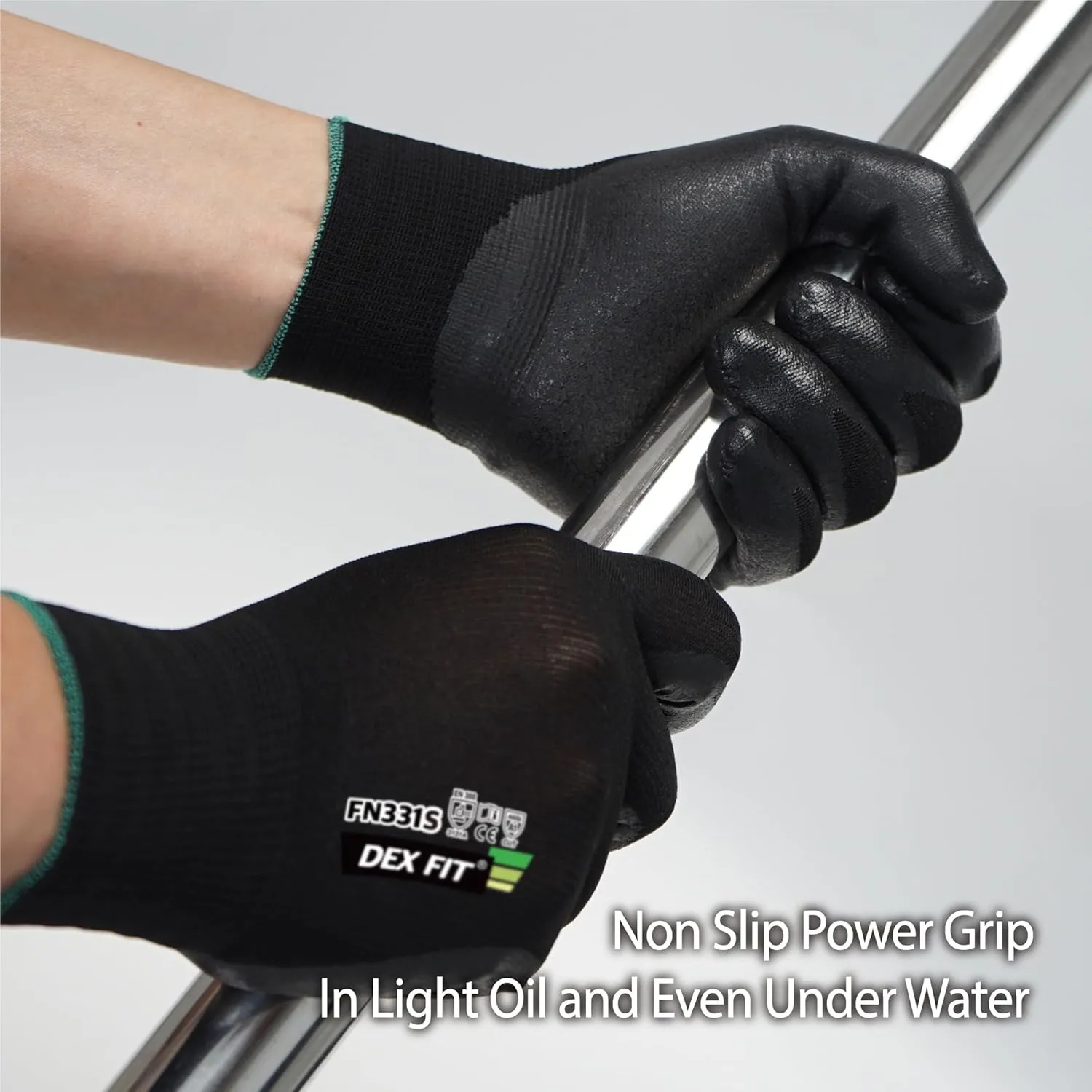 DEX FIT Sandy Nitrile Work Gloves FN331S, 3D-Comfort Fit, Heavy Duty Grip, Thin & Lightweight, Touch-Screen Fingers, Protective & Durable, Breathable & Cool, Machine Washable; Black (M) 12 Pairs
