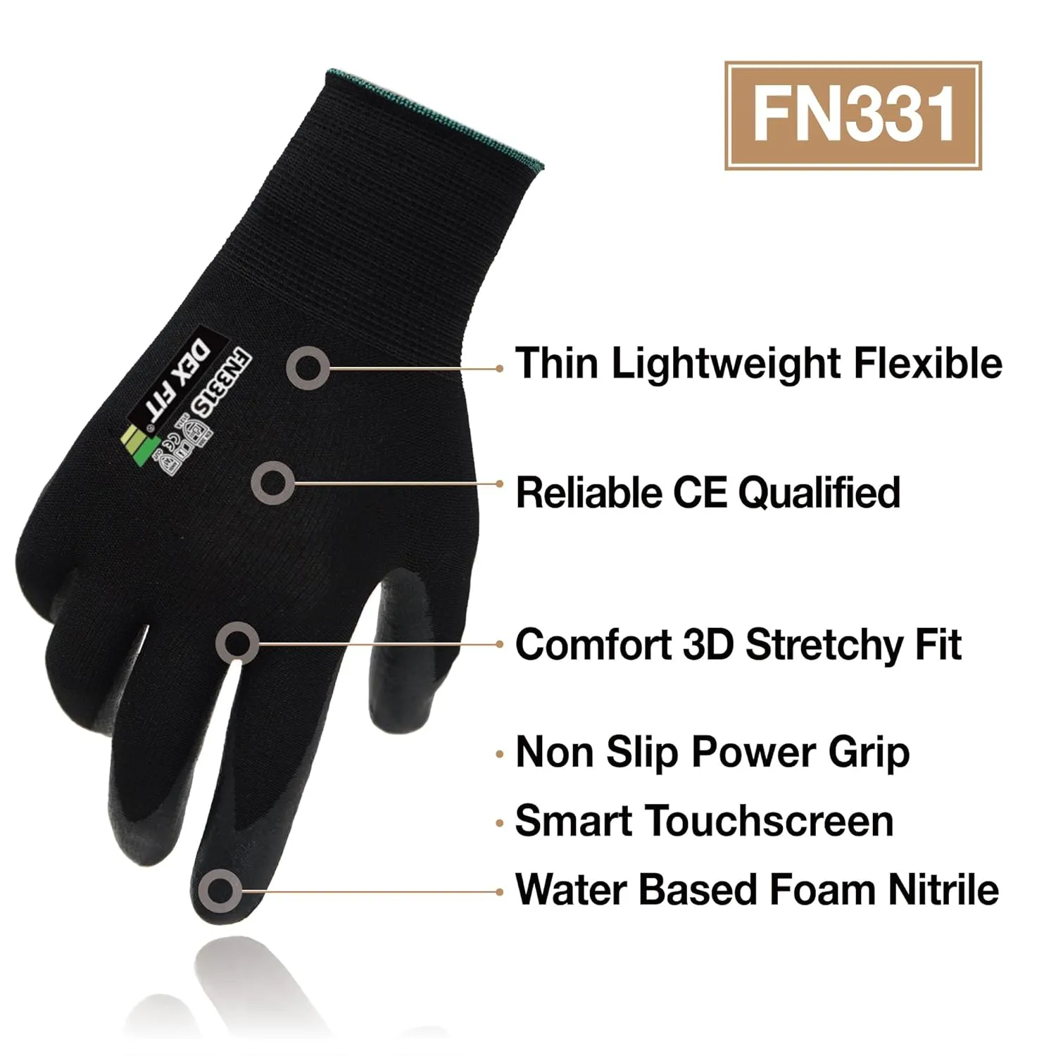 DEX FIT Sandy Nitrile Work Gloves FN331S, 3D-Comfort Fit, Heavy Duty Grip, Thin & Lightweight, Touch-Screen Fingers, Protective & Durable, Breathable & Cool, Machine Washable; Black (M) 12 Pairs
