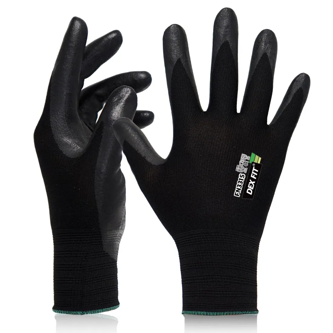 DEX FIT Sandy Nitrile Work Gloves FN331S, 3D-Comfort Fit, Heavy Duty Grip, Thin & Lightweight, Touch-Screen Fingers, Protective & Durable, Breathable & Cool, Machine Washable; Black (M) 12 Pairs
