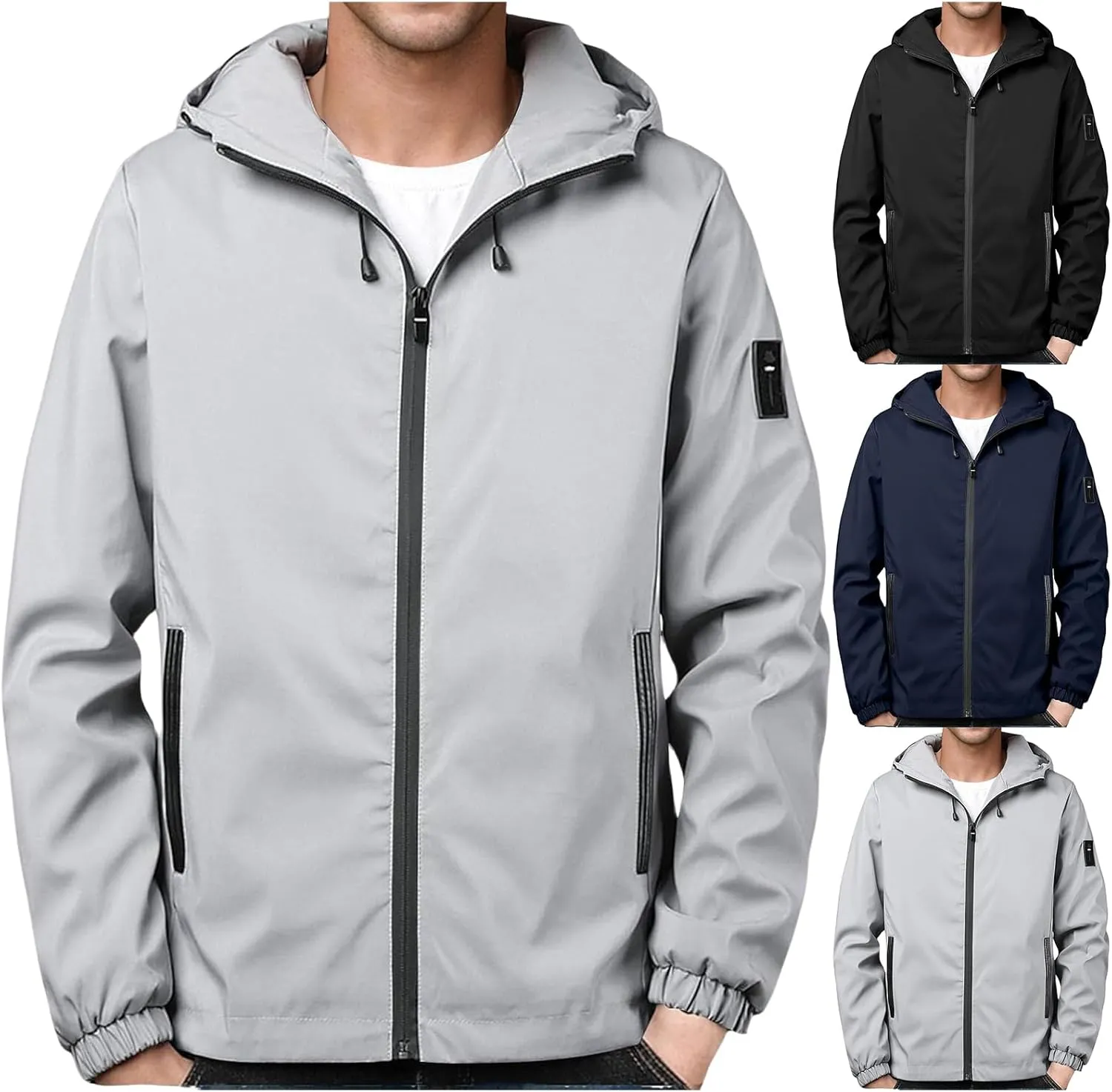 evzosrz Mens Windbreaker Jackets Lightweight Softshell Hooded Jacket Zip Waterproof Casual Outdoor Coat with Hidden Pockets