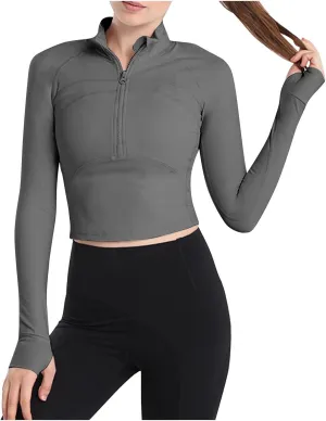 Fanteecy Women's Breathable Workout Shirts Long Sleeve Half Zip Slim Pullover Sweatshirt Running Athletic Cropped Tops