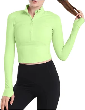 Fanteecy Women's Breathable Workout Shirts Long Sleeve Half Zip Slim Pullover Sweatshirt Running Athletic Cropped Tops