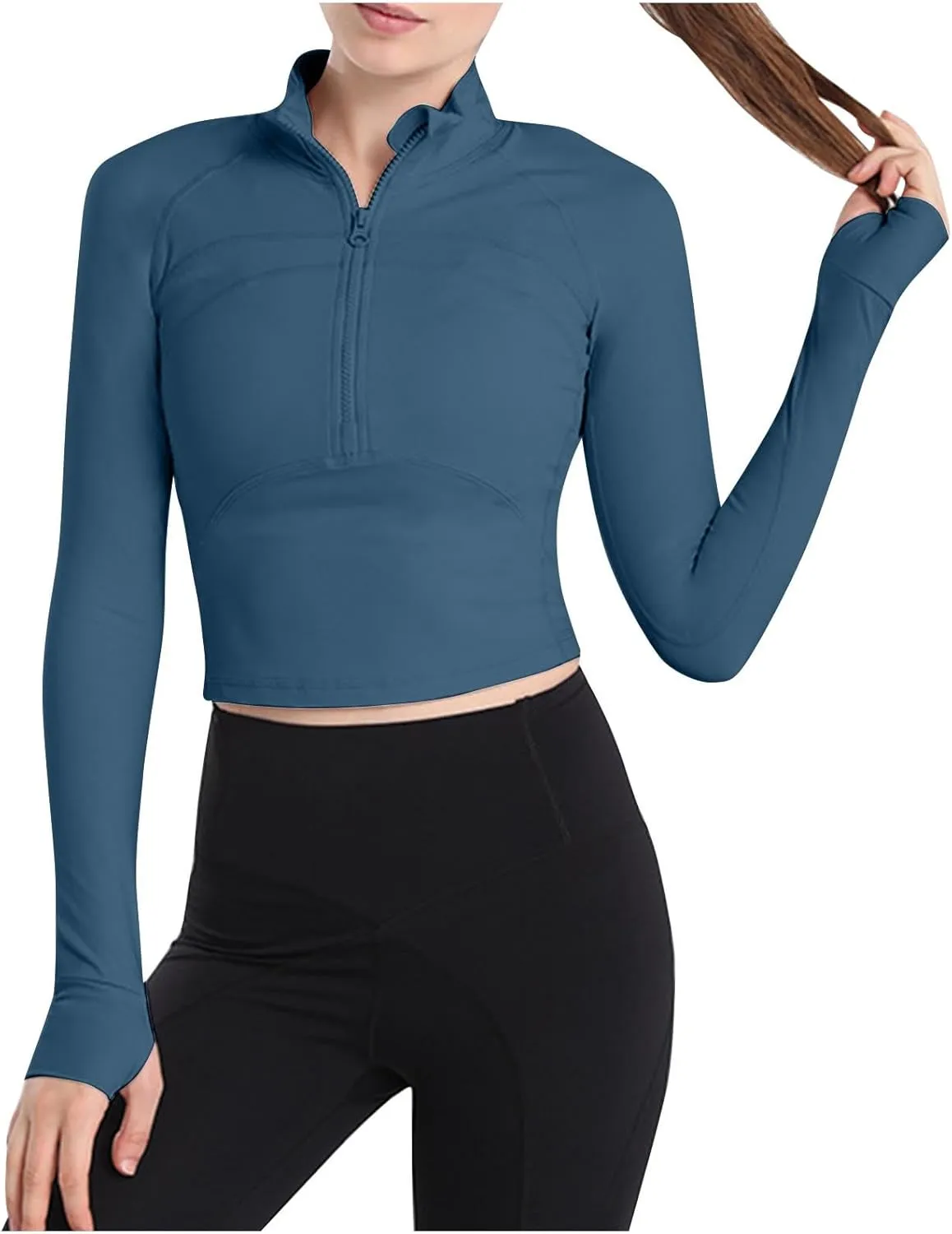 Fanteecy Women's Breathable Workout Shirts Long Sleeve Half Zip Slim Pullover Sweatshirt Running Athletic Cropped Tops