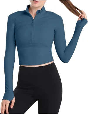 Fanteecy Women's Breathable Workout Shirts Long Sleeve Half Zip Slim Pullover Sweatshirt Running Athletic Cropped Tops