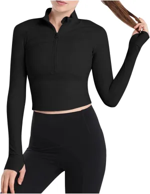 Fanteecy Women's Breathable Workout Shirts Long Sleeve Half Zip Slim Pullover Sweatshirt Running Athletic Cropped Tops