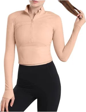 Fanteecy Women's Breathable Workout Shirts Long Sleeve Half Zip Slim Pullover Sweatshirt Running Athletic Cropped Tops