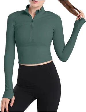 Fanteecy Women's Breathable Workout Shirts Long Sleeve Half Zip Slim Pullover Sweatshirt Running Athletic Cropped Tops