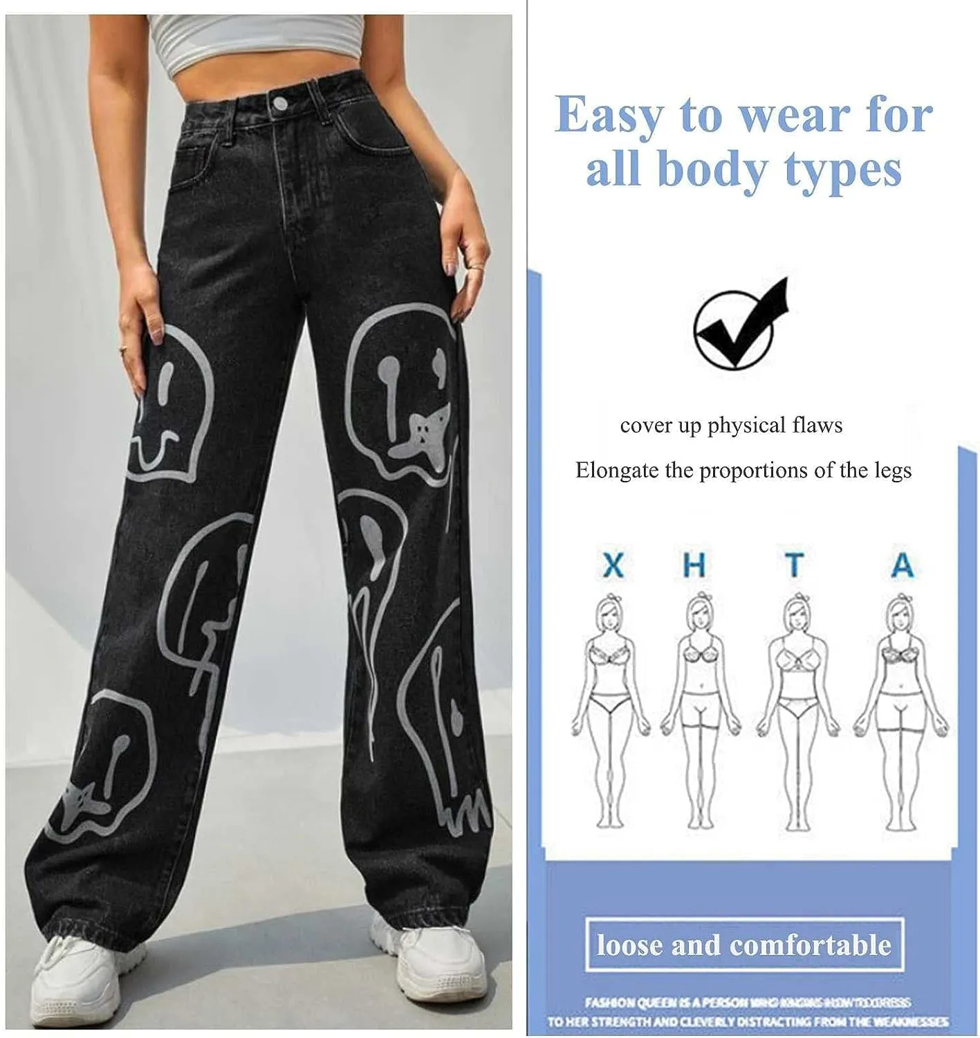 FEECOZ Daily Wear Casual Wide Leg Jeans Women's High Waisted Print Straight Leg Bootcut Jeans Denim Pants (Color : Black, Size : S-Small)