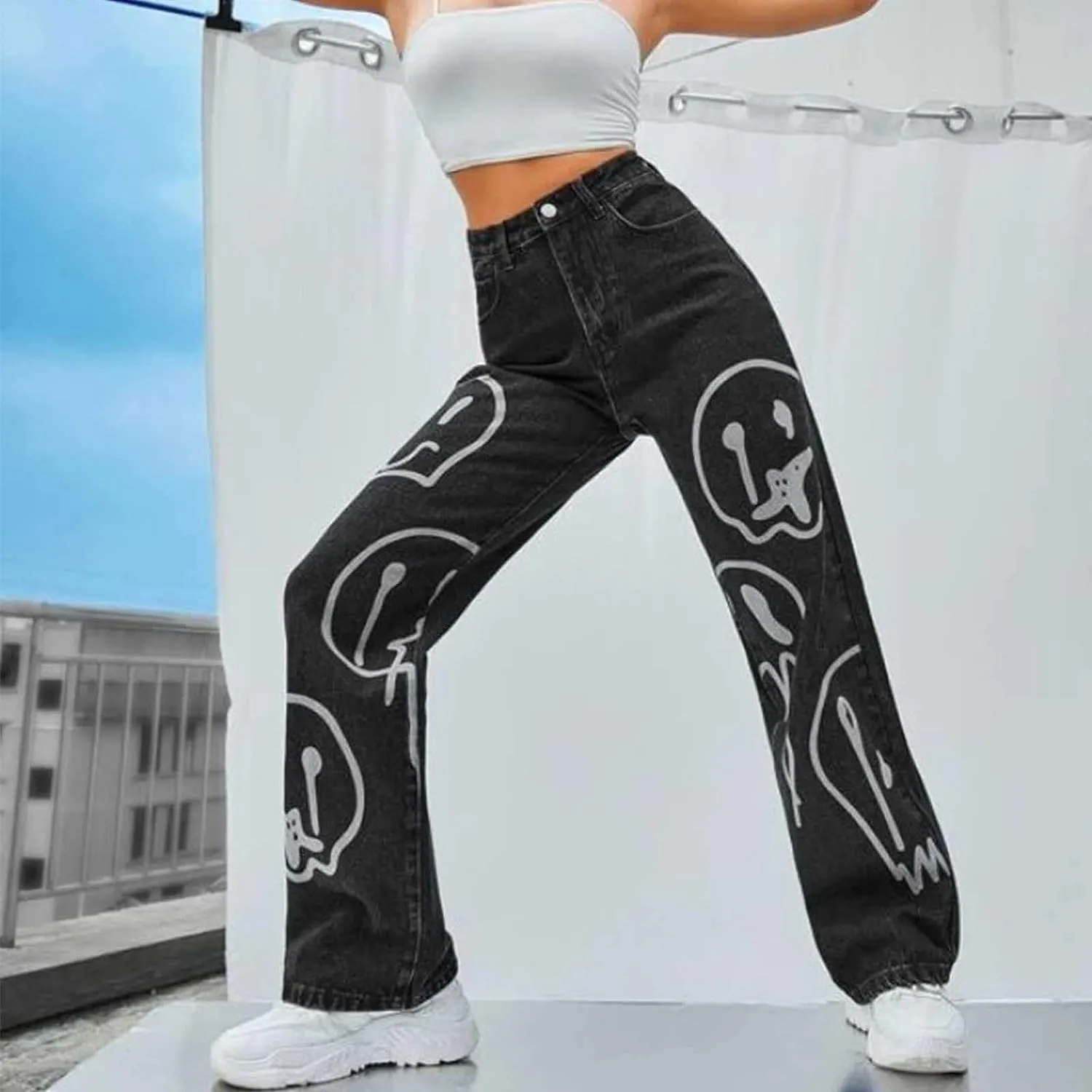 FEECOZ Daily Wear Casual Wide Leg Jeans Women's High Waisted Print Straight Leg Bootcut Jeans Denim Pants (Color : Black, Size : S-Small)