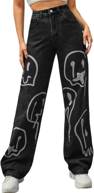 FEECOZ Daily Wear Casual Wide Leg Jeans Women's High Waisted Print Straight Leg Bootcut Jeans Denim Pants (Color : Black, Size : S-Small)