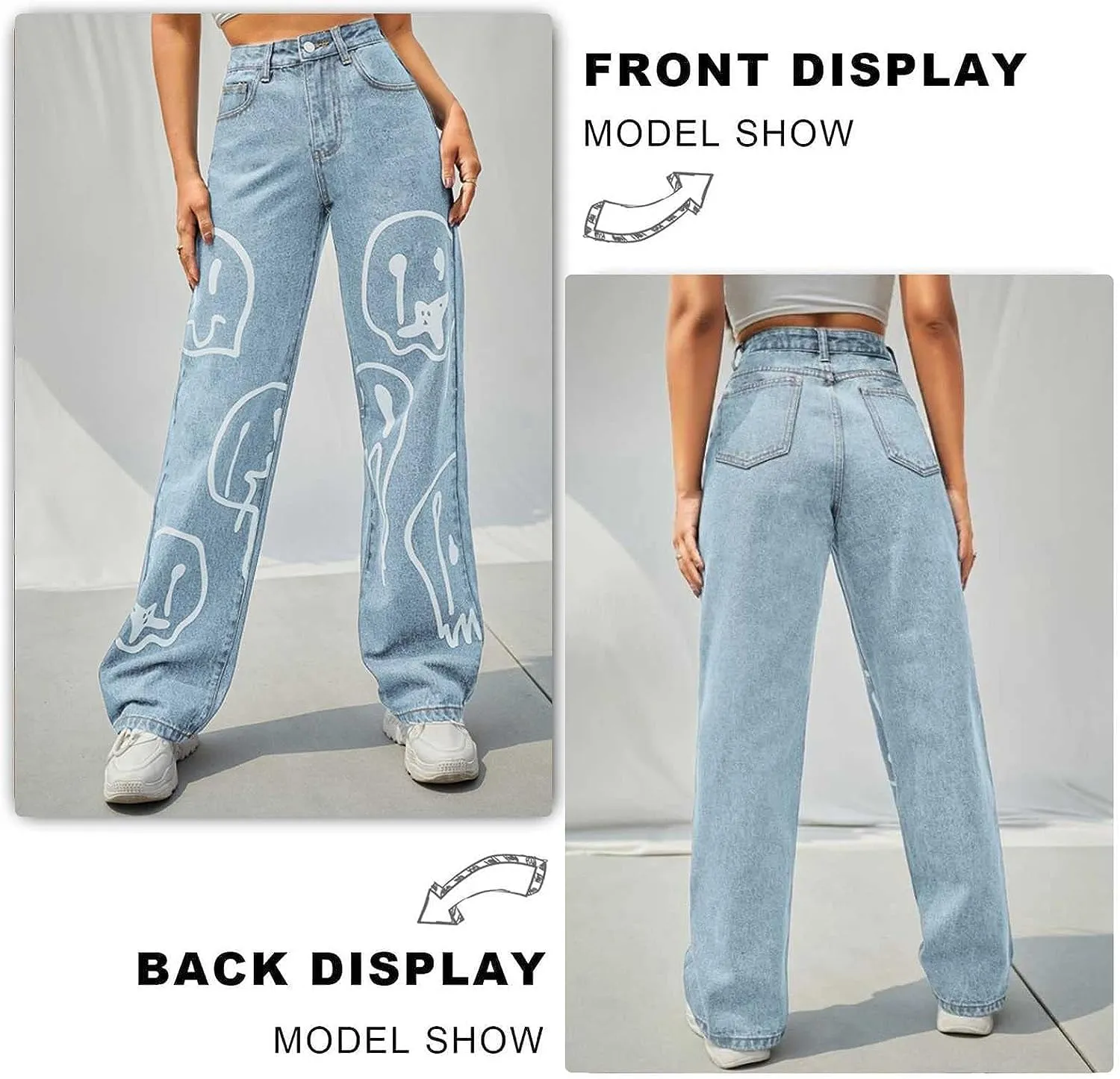 FEECOZ Daily Wear Casual Wide Leg Jeans Women's High Waisted Print Straight Leg Bootcut Jeans Denim Pants (Color : Light Blue B, Size : S-Small)