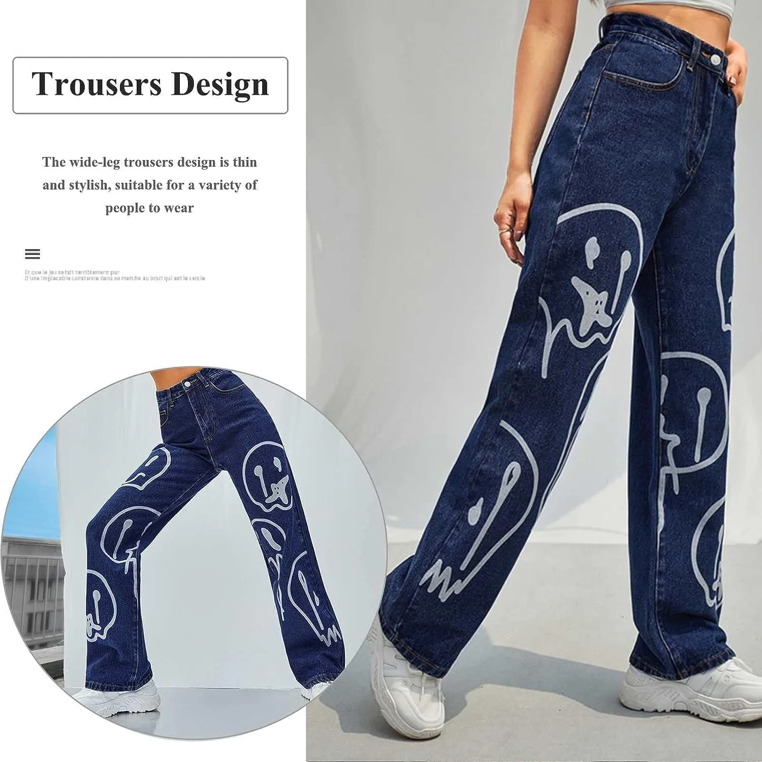 FEECOZ Daily Wear Casual Wide Leg Jeans Women's High Waisted Print Straight Leg Bootcut Jeans Denim Pants (Color : Light Blue B, Size : S-Small)