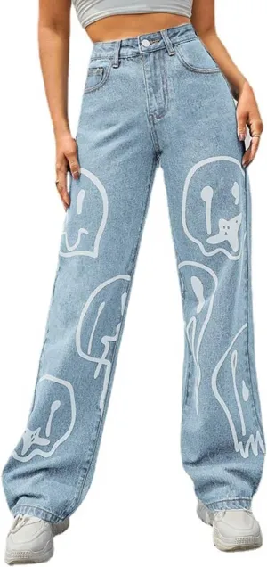 FEECOZ Daily Wear Casual Wide Leg Jeans Women's High Waisted Print Straight Leg Bootcut Jeans Denim Pants (Color : Light Blue B, Size : S-Small)
