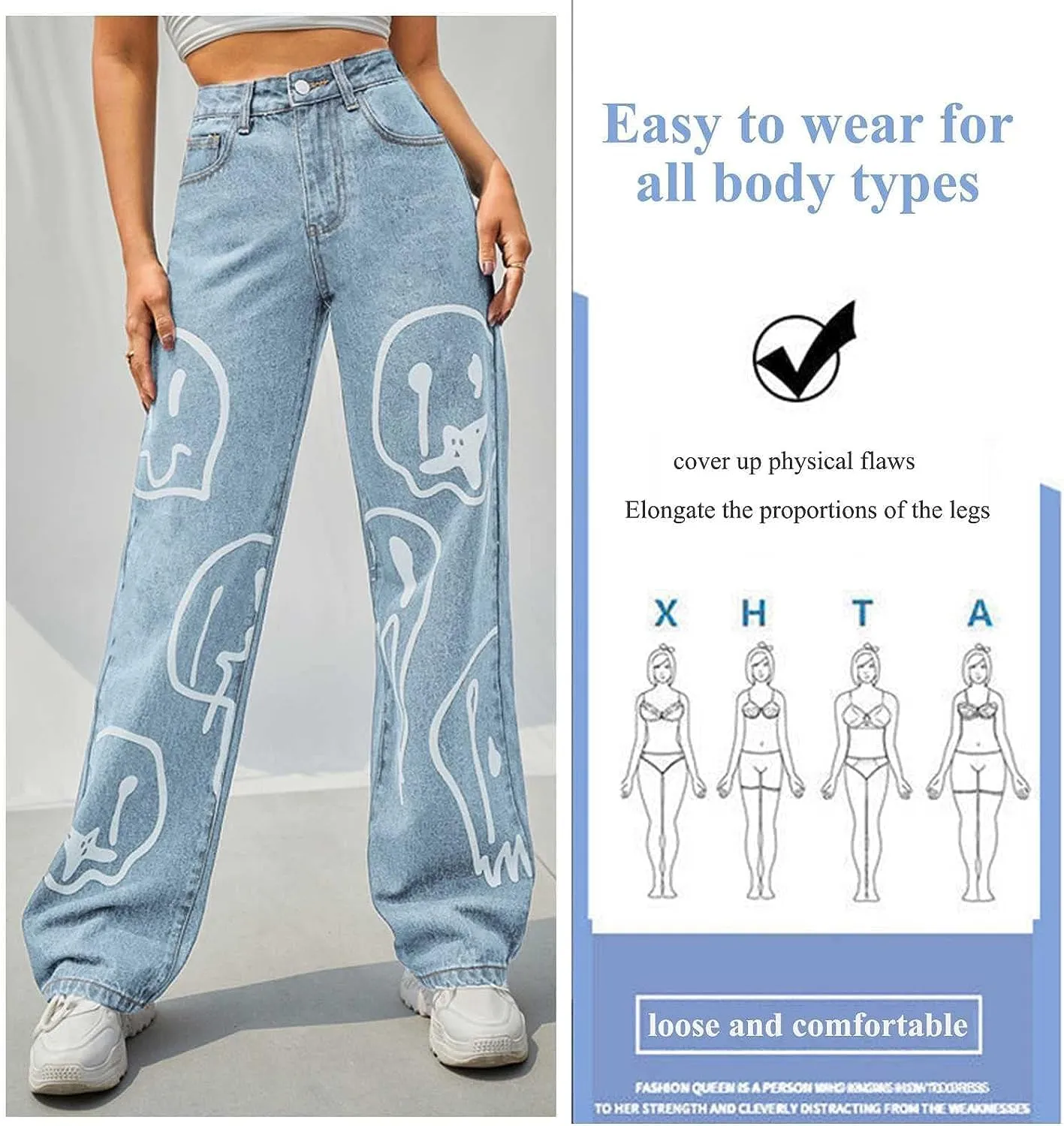 FEECOZ Daily Wear Casual Wide Leg Jeans Women's High Waisted Print Straight Leg Bootcut Jeans Denim Pants (Color : Light Blue B, Size : S-Small)
