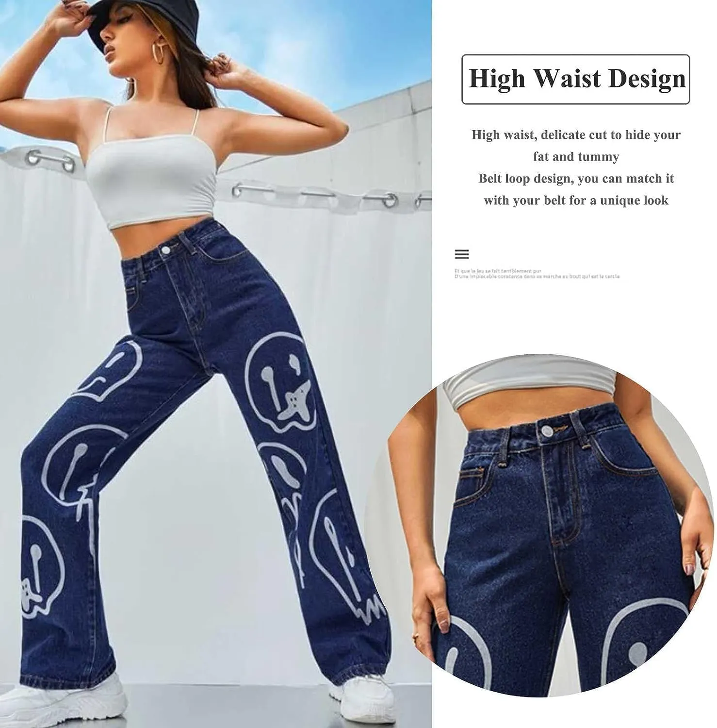 FEECOZ Daily Wear Casual Wide Leg Jeans Women's High Waisted Print Straight Leg Bootcut Jeans Denim Pants (Color : Light Blue B, Size : S-Small)