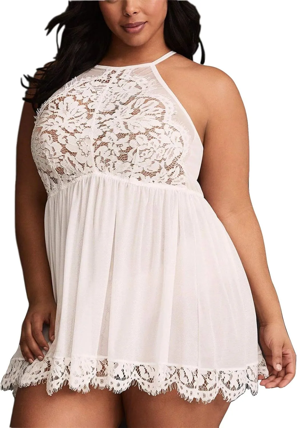 FlatterMe Plus Size Lingerie Babydoll Lace Floral Halter Sleepwear Set High Neck Chemise