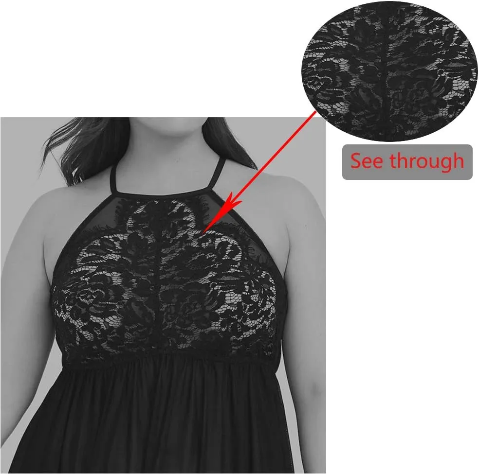FlatterMe Plus Size Lingerie Babydoll Lace Floral Halter Sleepwear Set High Neck Chemise