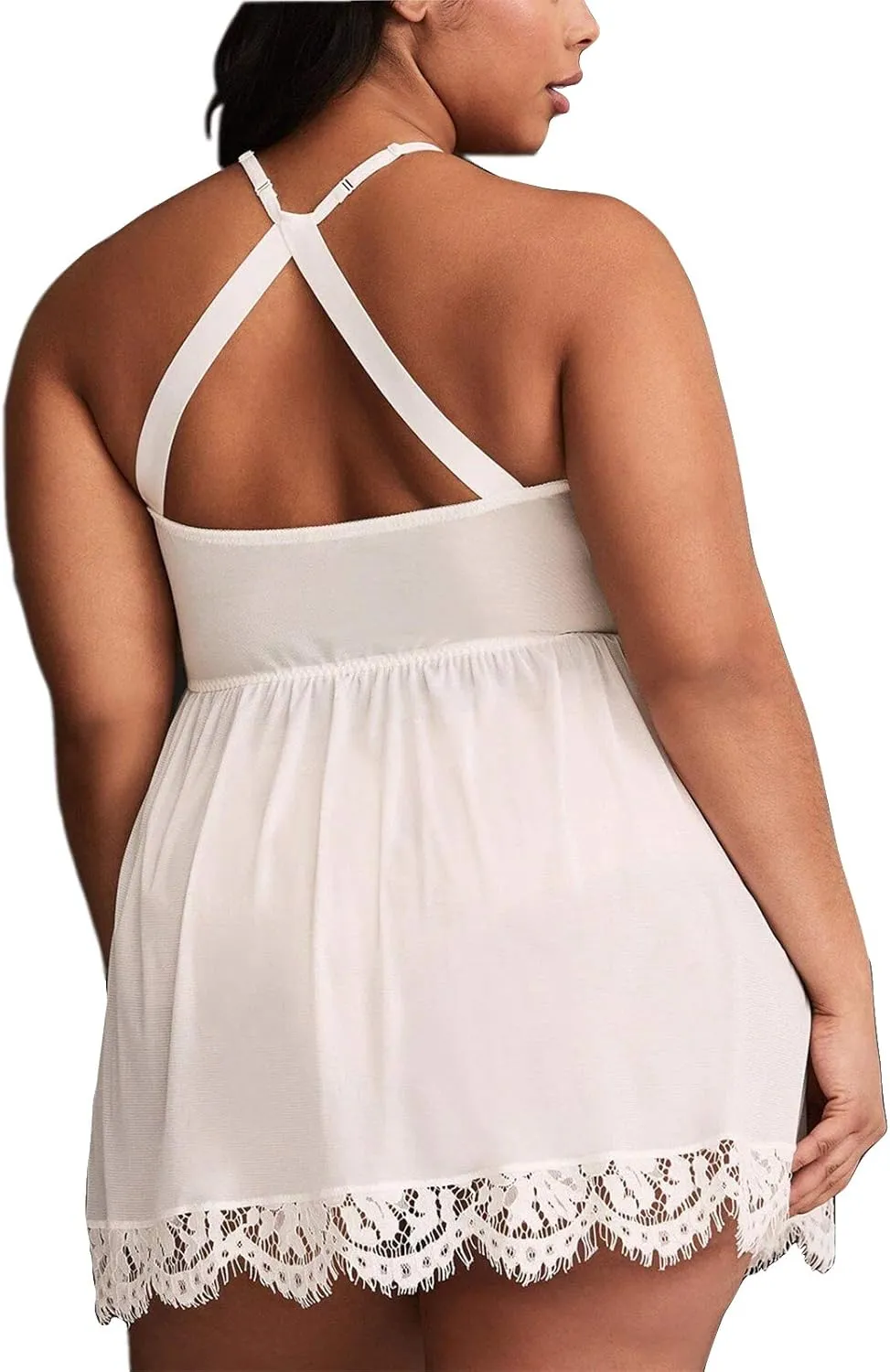 FlatterMe Plus Size Lingerie Babydoll Lace Floral Halter Sleepwear Set High Neck Chemise
