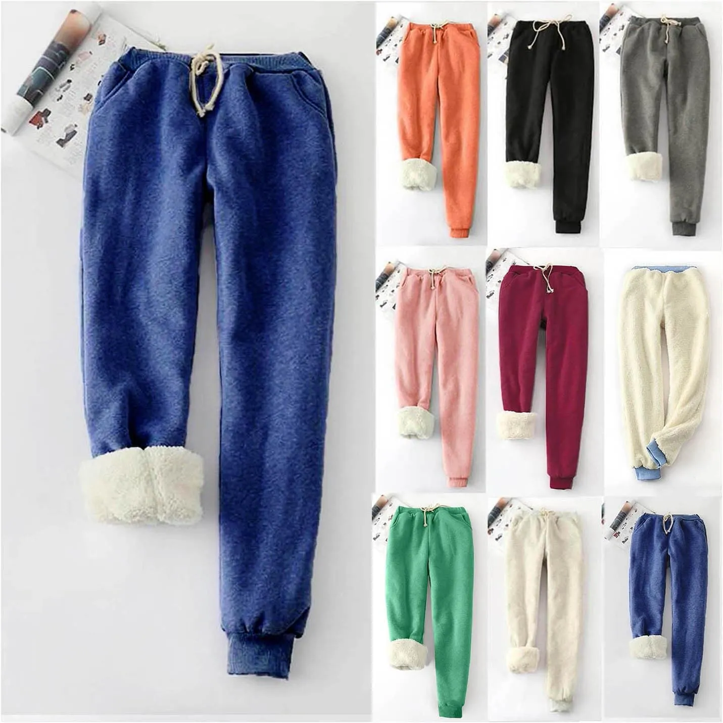 Fleece Lined Joggers Women Athletic Sweatpants Sherpa Winter Leggings Drawstring Waist Pockets Cinch Bottom Trousers