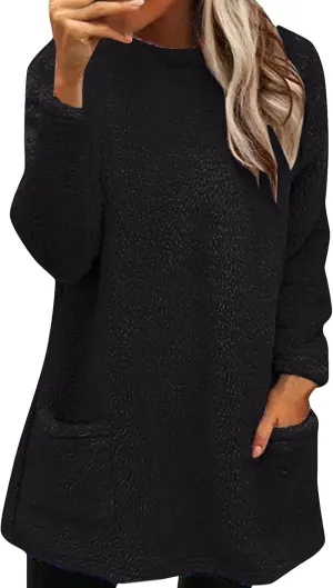 Fleece Pullover Women Fuzzy Sweaters for Women Crew Neck Sweatshirts Winter Warm Loungewear Tops with Pockets