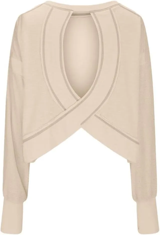 FMCHICO Backless Top for Women Crop Oversized Crewneck Pullovers Casual Loose Long Sleeve Shirts Running Y2k Yoga Outfits