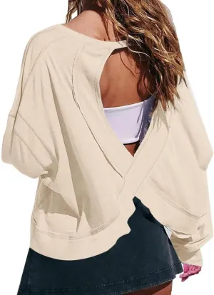 FMCHICO Backless Top for Women Crop Oversized Crewneck Pullovers Casual Loose Long Sleeve Shirts Running Y2k Yoga Outfits