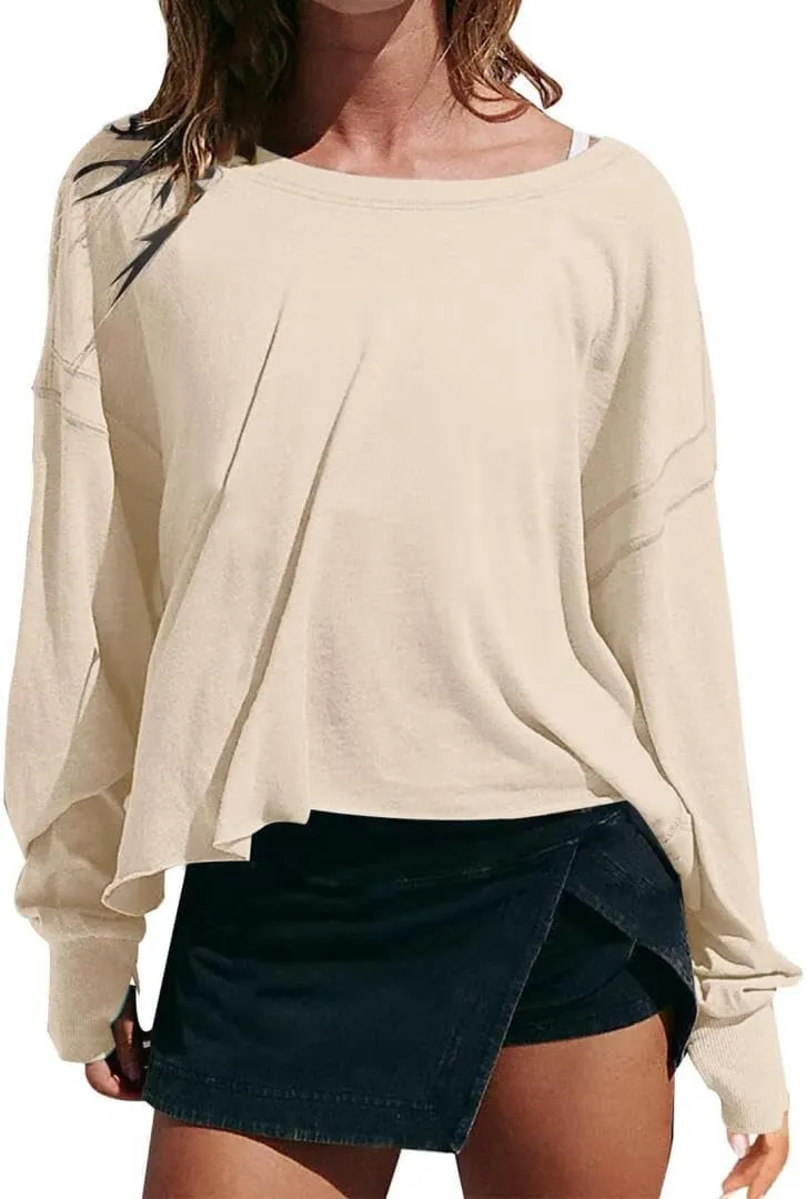FMCHICO Backless Top for Women Crop Oversized Crewneck Pullovers Casual Loose Long Sleeve Shirts Running Y2k Yoga Outfits