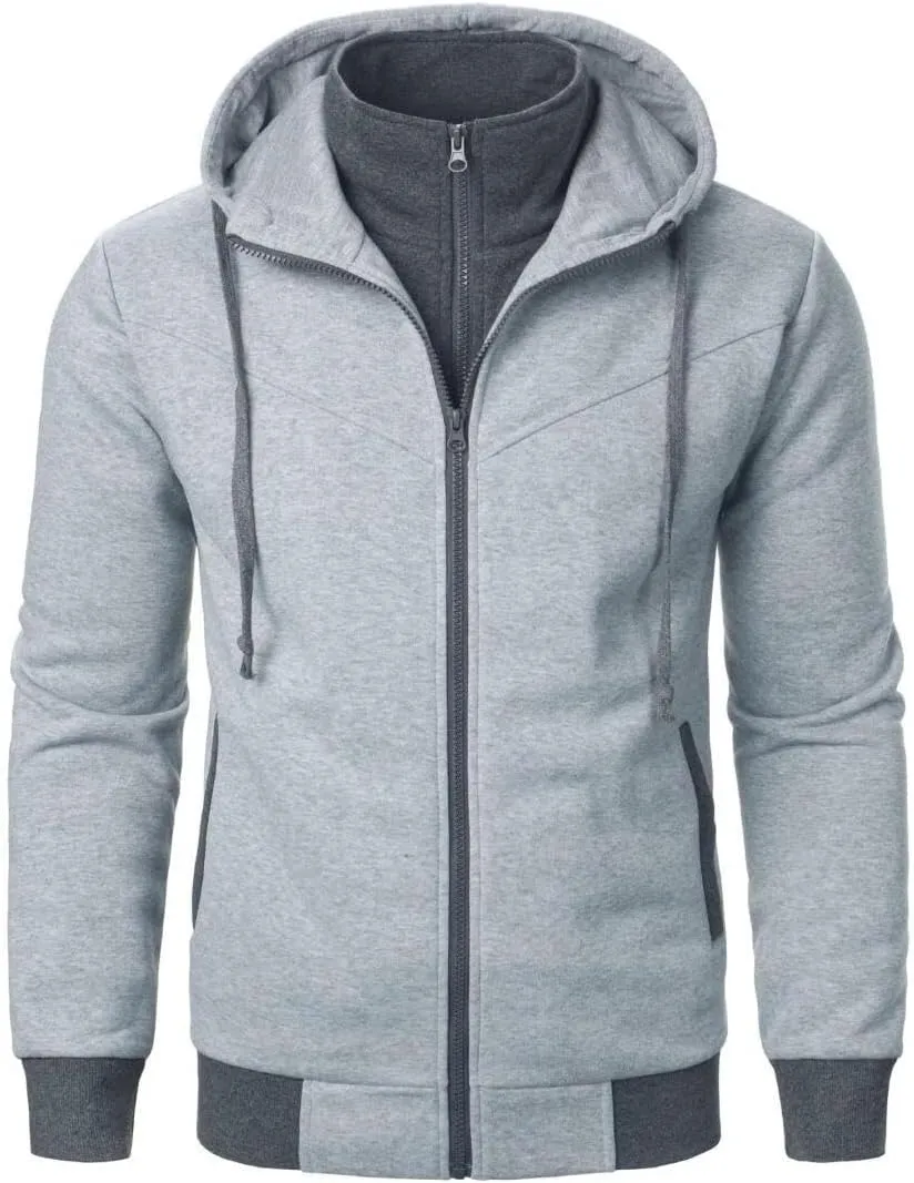 FMCHICO Men's Hooded Jacket Slim Fit Double Zipper Turtleneck Fleece Hoodie Outerwear