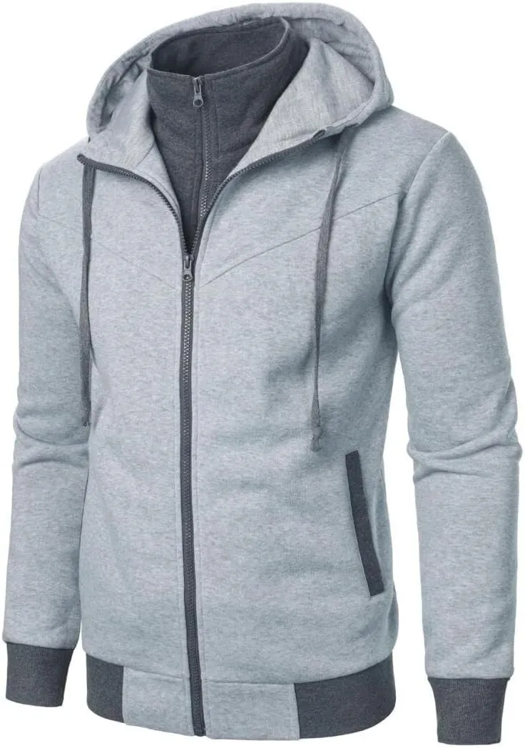 FMCHICO Men's Hooded Jacket Slim Fit Double Zipper Turtleneck Fleece Hoodie Outerwear