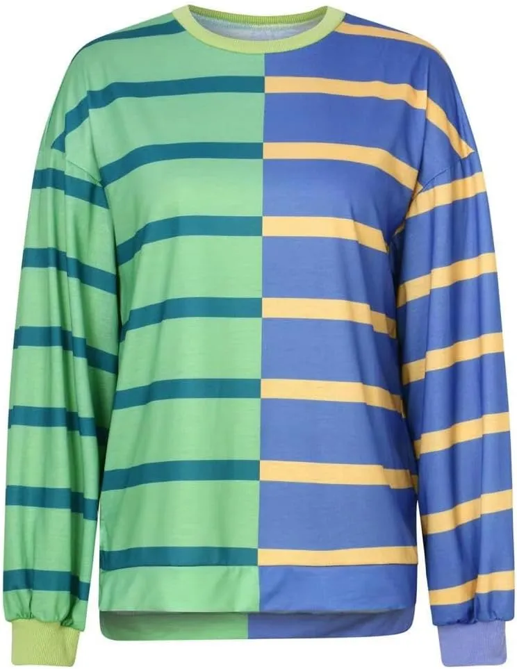 FMCHICO Womens Striped Pullover Sweater Crew Neck Long Sleeve Knitted Color Block Casual Loose Lightweight