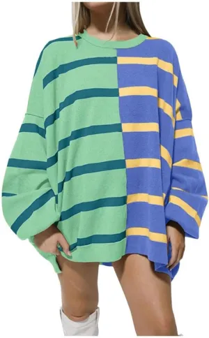 FMCHICO Womens Striped Pullover Sweater Crew Neck Long Sleeve Knitted Color Block Casual Loose Lightweight