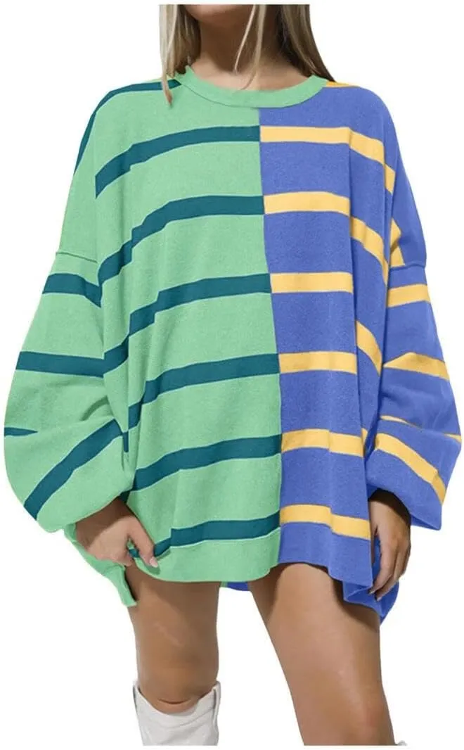 FMCHICO Womens Striped Pullover Sweater Crew Neck Long Sleeve Knitted Color Block Casual Loose Lightweight