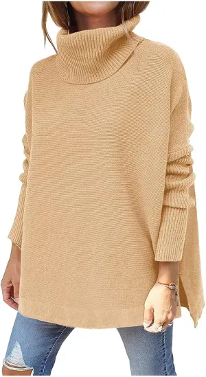 FMCHICO Women's Sweater Turtle Neck Chunky Knit Pullover Sweaters Casual Long Sleeve Tops with Side Slit