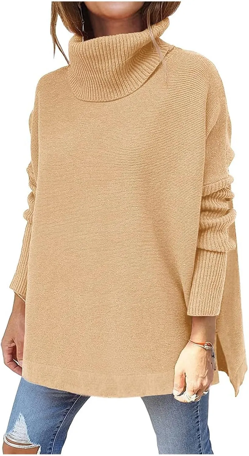 FMCHICO Women's Sweater Turtle Neck Chunky Knit Pullover Sweaters Casual Long Sleeve Tops with Side Slit