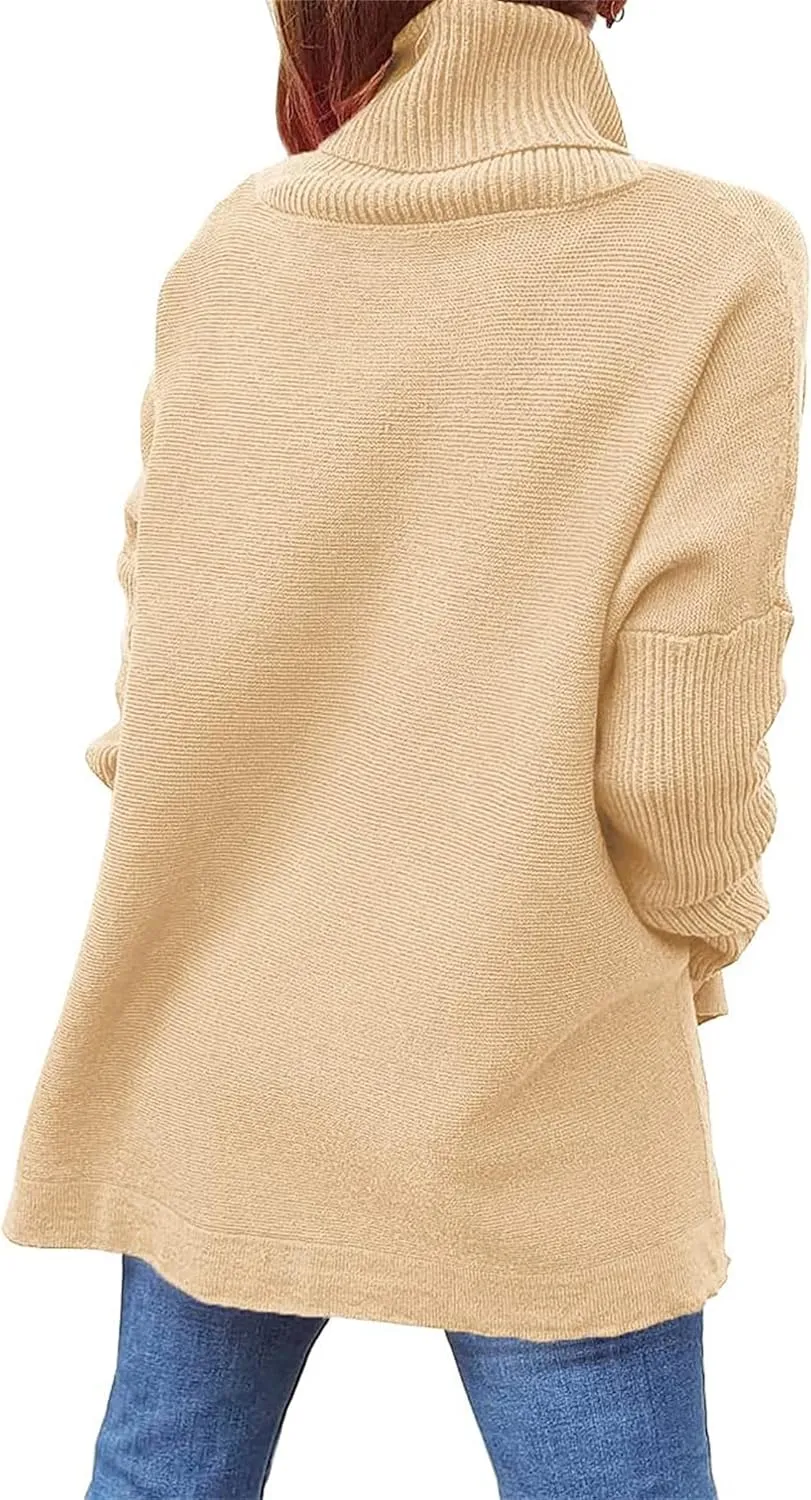 FMCHICO Women's Sweater Turtle Neck Chunky Knit Pullover Sweaters Casual Long Sleeve Tops with Side Slit