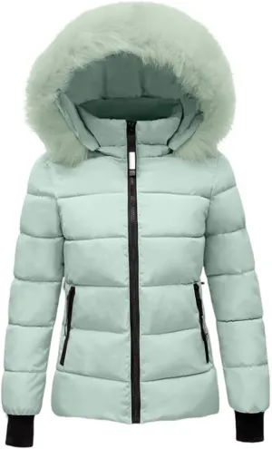 FMCHICO Women's Winter Puffer Coat Thicken Down Jacket Waterproof Faux Fur Detachable Hooded Parka