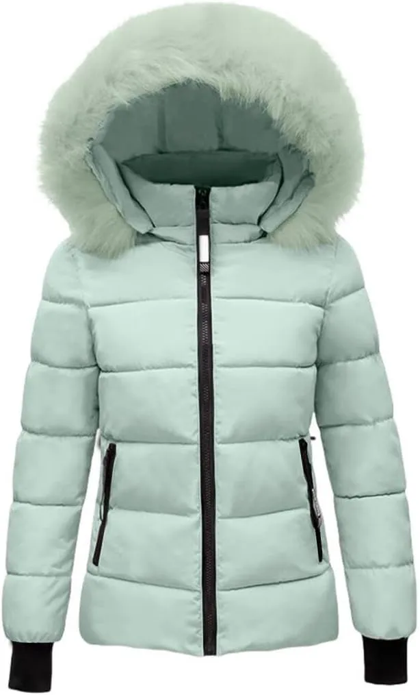 FMCHICO Women's Winter Puffer Coat Thicken Down Jacket Waterproof Faux Fur Detachable Hooded Parka