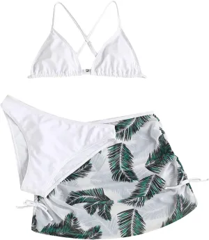 Girls Swimsuit 3 Piece Girls Bathing Suit Boho Bikini Set with Cover Up Tropical Skirt Quick Dry Girls' Swimwear Trendy