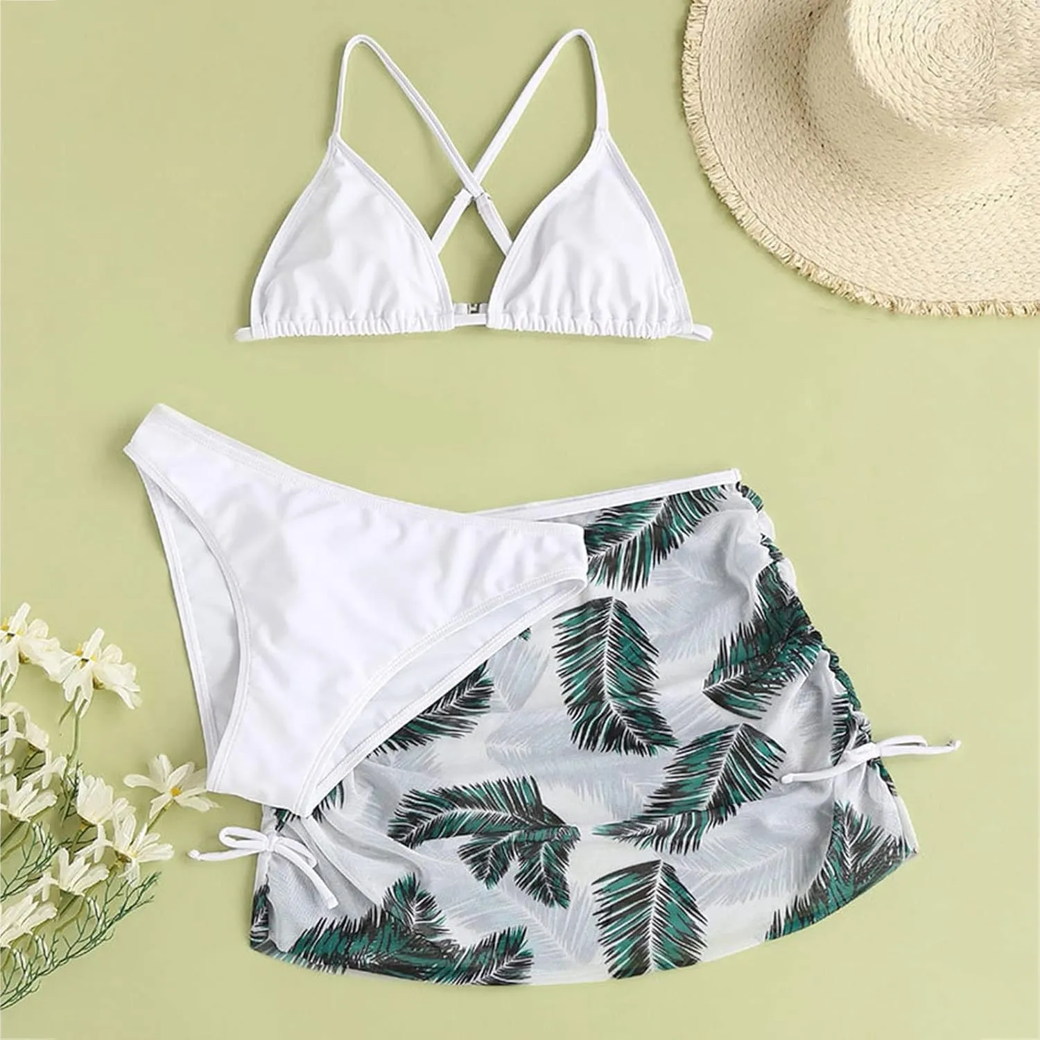 Girls Swimsuit 3 Piece Girls Bathing Suit Boho Bikini Set with Cover Up Tropical Skirt Quick Dry Girls' Swimwear Trendy