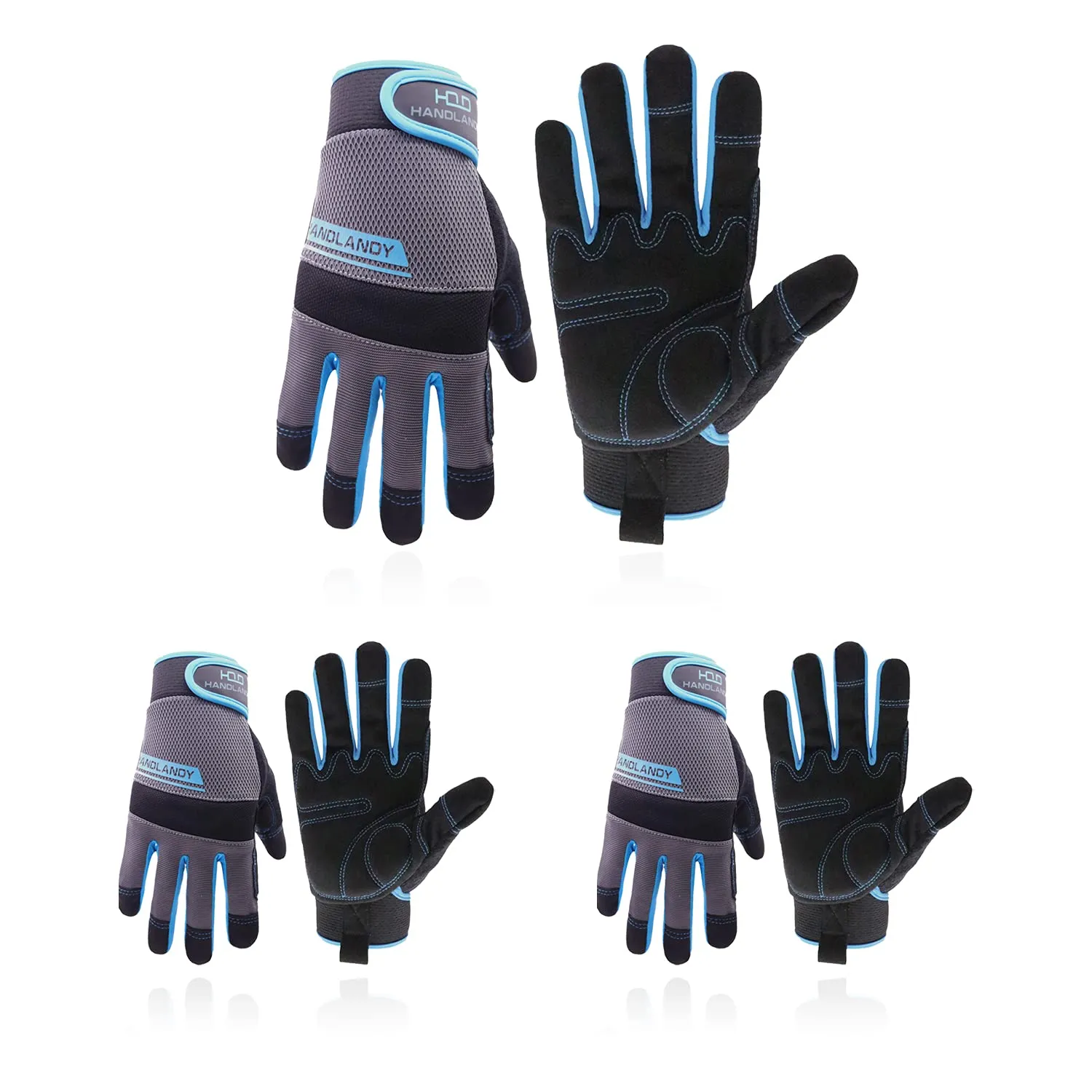 HANDLANDY Work Gloves Mens & Women, Utility Safety Mechanic Working Gloves Touch Screen, Flexible Breathable Yard Work Gloves (Medium, 3 pairs Grey)