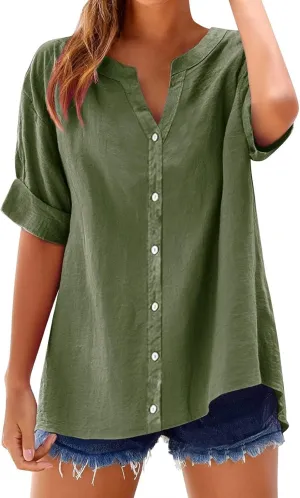 HGps8w Cotton Linen Shirts for Women Button Down Lightweight Summer Casual Tunic Tops Loose V Neck Short Sleeve Blouse