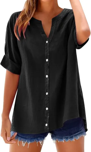 HGps8w Cotton Linen Shirts for Women Button Down Lightweight Summer Casual Tunic Tops Loose V Neck Short Sleeve Blouse